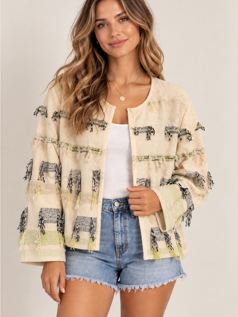 St. John Cream Fringe-Trim Open Jacket with Black & Lime Accents